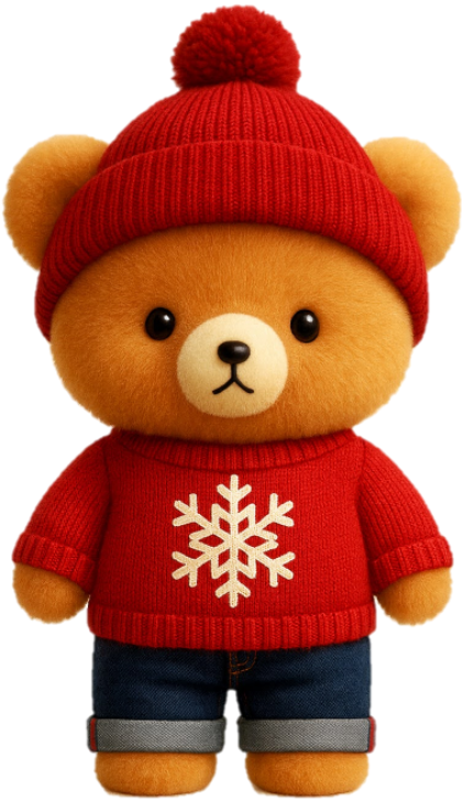Bearnard, the Cozy Cubs bear mascot in a winter sweater.